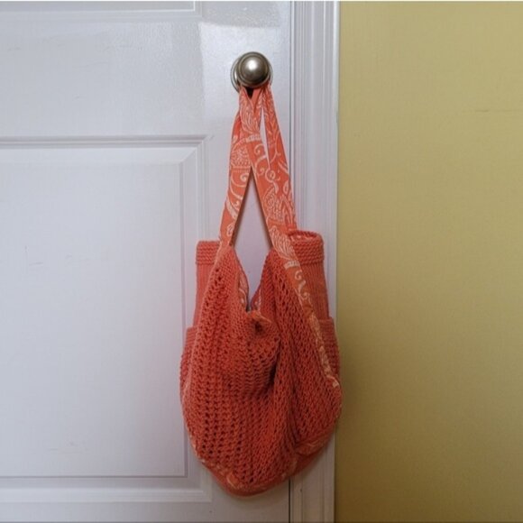 Crochet bag tote sack beach bag sewing knitting peach orange summer hand made - Picture 1 of 14